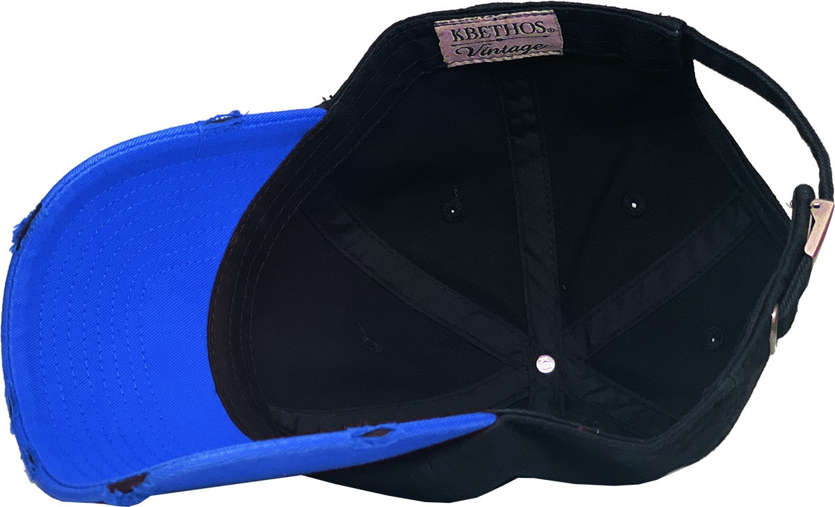 Black Royal Blue Two Tone Distressed Vintage Baseball Cap Inside Turned Over View